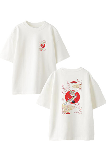 NMG TEKSTİL Tricou alb supradimensionat din bumbac - Imprimat cu barzii chinezești, unisex