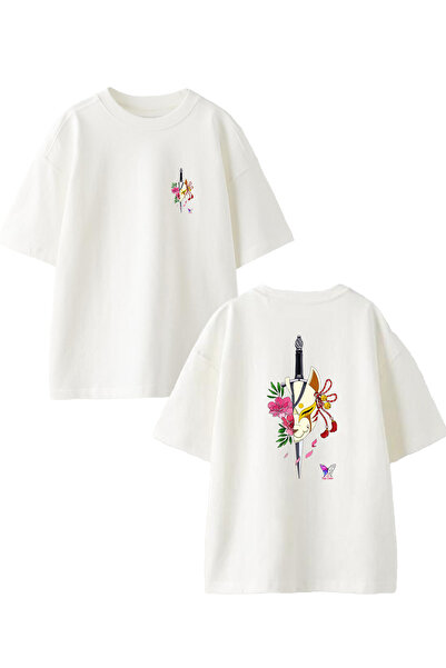 NMG TEKSTİL تي شيرت قطني أبيض كبير الحجم للجنسين - مطبوع عليه نصف قطة