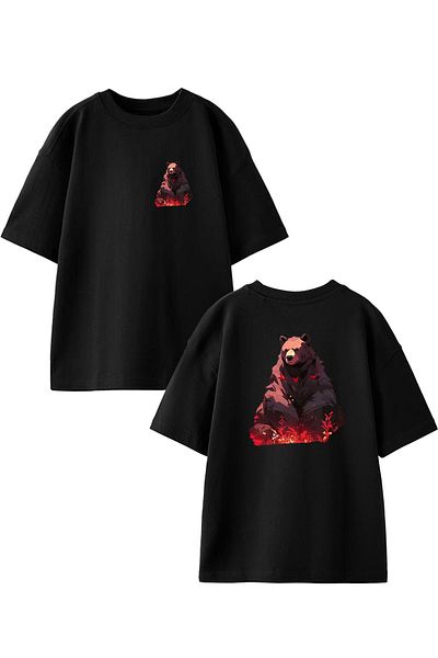 NMG TEKSTİL Μαύρο Oversize Cotton Camp T-shirt - Bear Printed, Unisex
