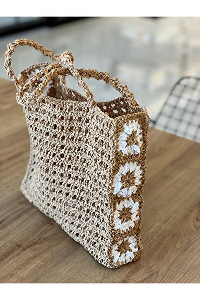 Cotton Crafty Kağıt Ip File Desen Çiçek Motifli Hasır Çanta Plaj Çanta Omuz Ç...