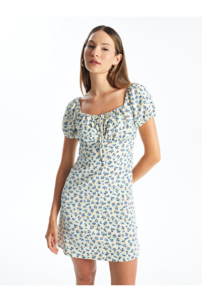 LC Waikiki Floral Print Γυναικείο Φόρεμα με τετράγωνο λαιμό - κοντομάνικο