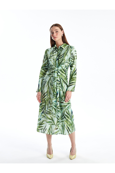 LC Waikiki Dámské košilové šaty s květinovým potiskem s dlouhým rukávem