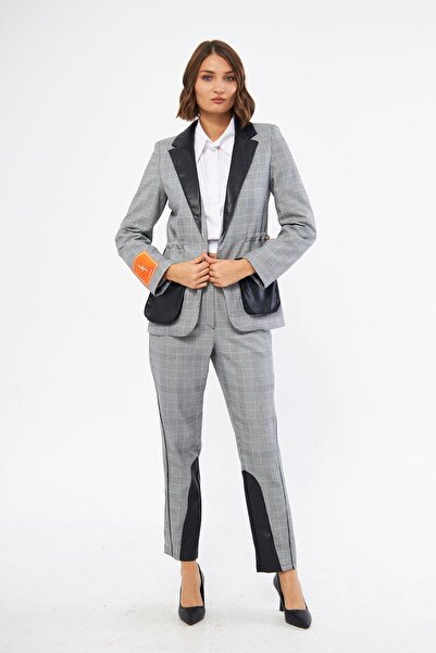 LAMANTE DERİ DETAYLI EKOSE BLAZER CEKET