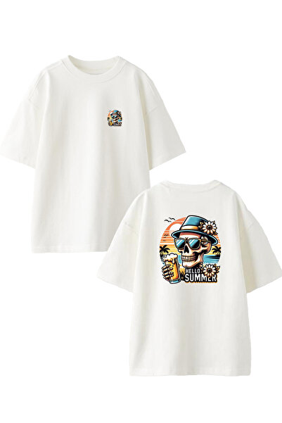 NMG TEKSTİL Hello Summer Printed Unisex Λευκό Oversize Βαμβακερό T-shirt