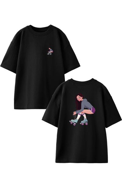 NMG TEKSTİL Unisex Black Oversize Cotton Skater Girl Front and Back Printed K...