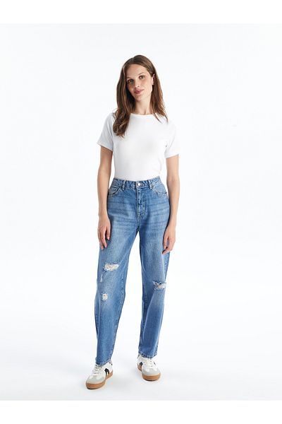 LC Waikiki Pantaloni de damă Boyfriend Fit Ripped Detailed