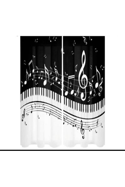 Elmas Dizayn 3D Digital Printed - 140cm*240cm Black White Musical Note Music Background Curtain 2 Pieces
