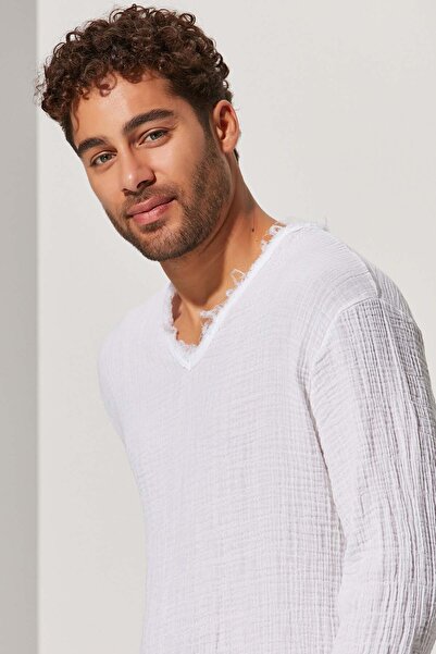 White By Nature Double Face V-Neck Muslin Fabric T-shirt