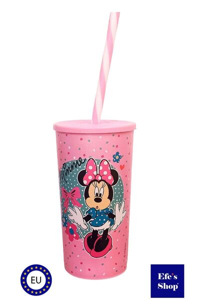 Peaceful 470 Cc Lisanslı Minnie Desenli Bpa Free Pembe Renk Kapaklı Pipetli Bardak