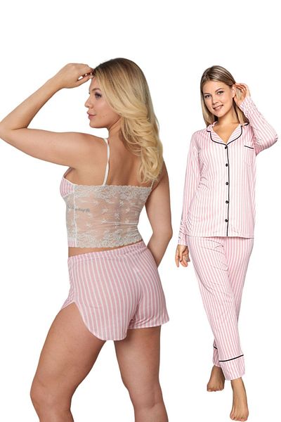 MyBen Women's Pink Striped Cotton Lycra Buttoned Shorts, Tank Top, 4-Piece Pajama Set
