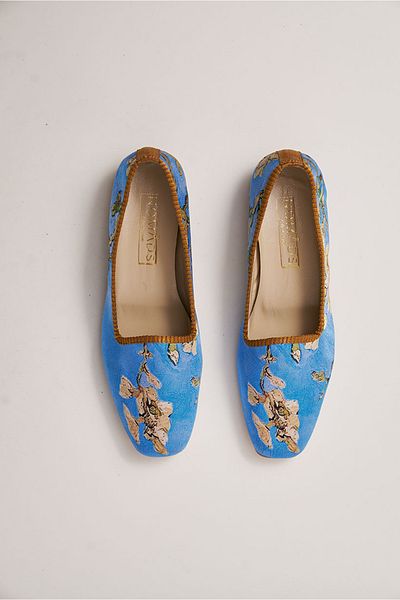 Nomads Felt Blue Van Gogh Almond Tree Patterned Genuine Leather 100% Silk Ballerinas