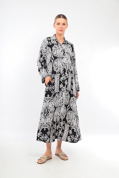 soBasic Rochie cămașă din viscoză neagră - 100% bumbac, imprimeu, nasturi în față și cu fantă - STD