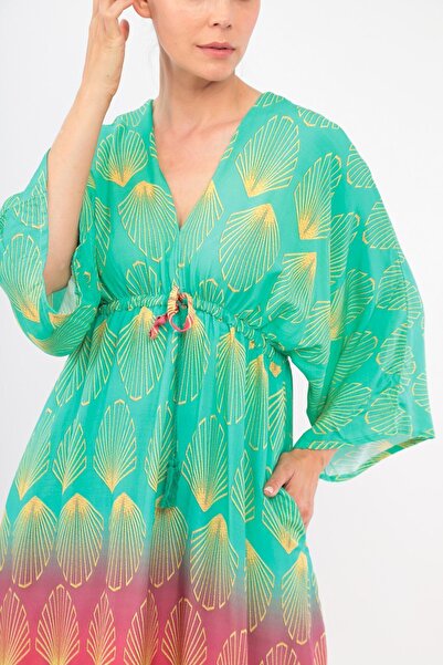 soBasic Зелена V-подібна горловина, декольте, зав'язка, деталізовані низькі рукави, сукня з візерунком -2