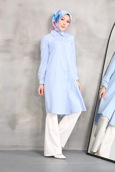 Eliva Baby Blue Women's Tunic - Long Sleeve, Buttoned Collar