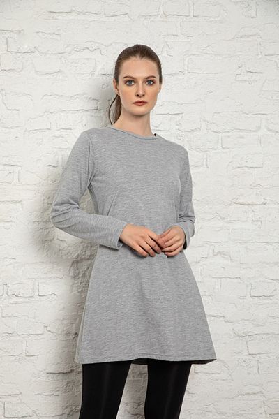 MyBen Women's Gray Colored Long Sleeve Crew Neck Combed Cotton Tunic Slm33