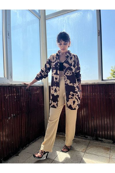 soBasic Guler cămașă cu model Pantaloni Set cămașă dublă Kimona - Maro