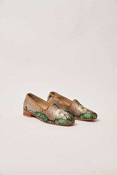 Nomads Felt Beige Van Gogh Almond Tree Patterned 100% Silk Genuine Leather Women's Ballerinas
