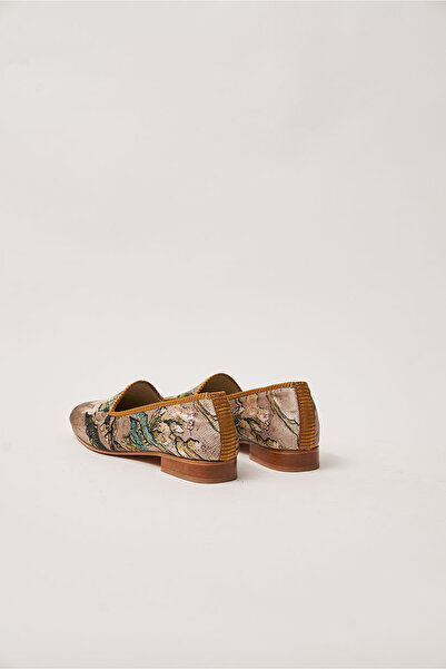 Nomads Felt Beige Van Gogh Almond Tree Patterned 100% Silk Genuine Leather Women's Ballerinas