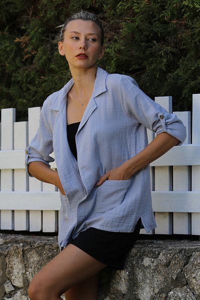 Chiccy Gray Muslin Woven Casual Jacket with Long Sleeves and Pockets