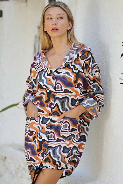 Chiccy White-anthracite Oversize HooDeD Jacket - long Sleeve, Allover PrinteD, ButtoneD Casual