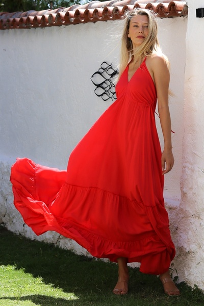 Chiccy Red V-necK RuFFled SKirt Strap Casual Dress