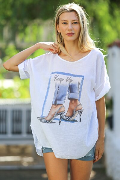 Chiccy Λευκό Οβάλ Μπλουζάκι με στάμπα, Βαμβακερή ύφανση - Μπλούζα με κοντό μανίκι με λαιμόκοψη