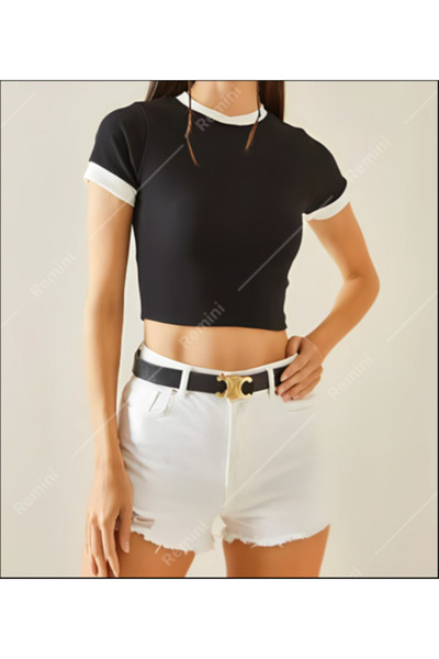 Duples Women's Clothing Black and White 2-Piece Crop Blouse