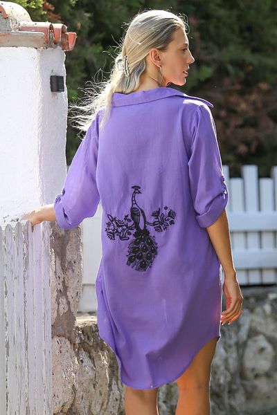 Chiccy lilac Embroidered Cotton Woven - Shirt Collar lonG Sleeve Peacock Dress