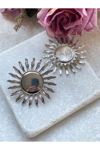 Selen Aksesuar Mirror Detailed Silver Sun Earrings