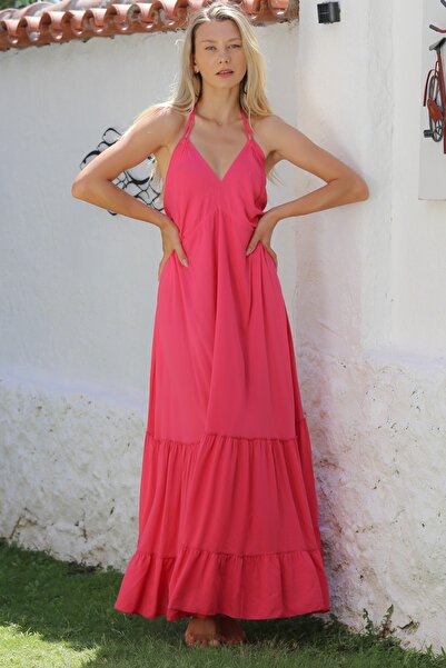 Chiccy Dark Pink V-neck RuFFled Skirt Strap Casual Dress