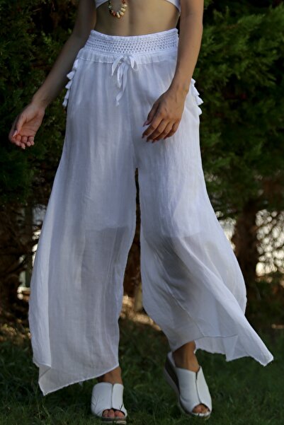 Chiccy White Tasseled Organic Cotton Casual Trousers - Elastic and Tied, Wide Leg