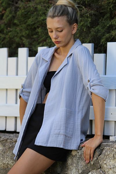 Chiccy Gray Muslin Woven Casual Jacket with Long Sleeves and Pockets