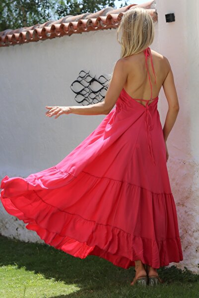 Chiccy Dark Pink V-neck RuFFled Skirt Strap Casual Dress