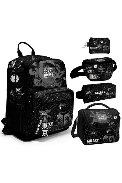 Coral High Set de cinci genți Galaxy negre pentru băiat