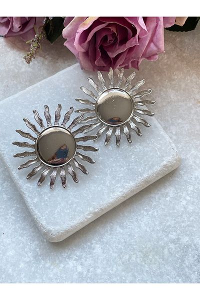 Selen Aksesuar Mirror Detailed Silver Sun Earrings