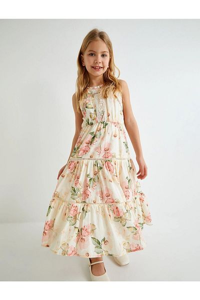 Koton Kids Αμάνικο βαμβακερό βαμβακερό μακρύ φόρεμα για κοριτσάκι με φλοράλ στάμπα