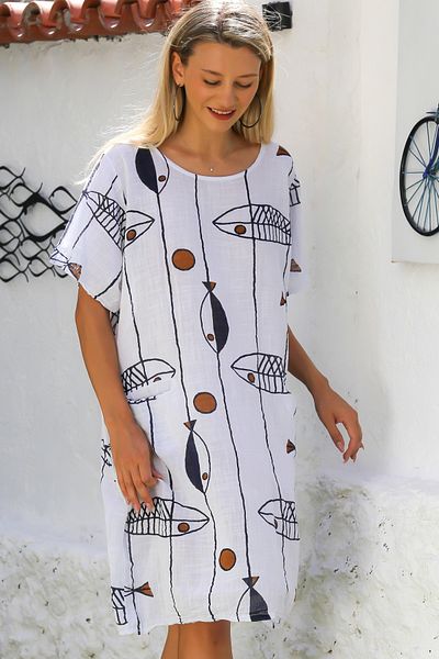 Chiccy Λινό casual φόρεμα με λευκό ψάρι - στρογγυλή λαιμόκοψη, κοντό μανίκι