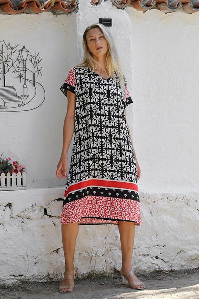 Chiccy V-necK BlacK-beige Allover Printed Short Sleeve Casual Dress