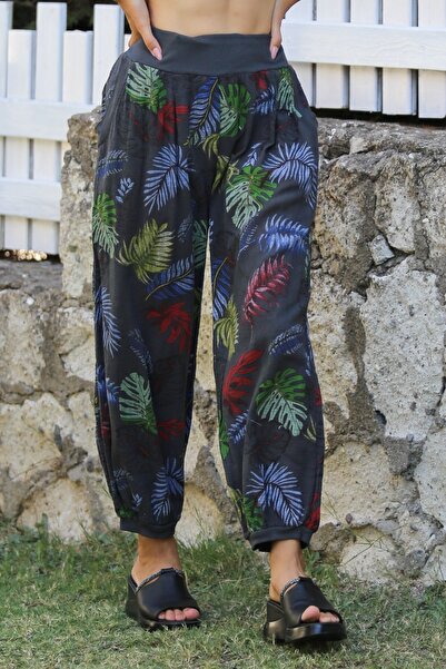 Chiccy Model de frunze antracit italian - Pantaloni de jogging cu talie elast...