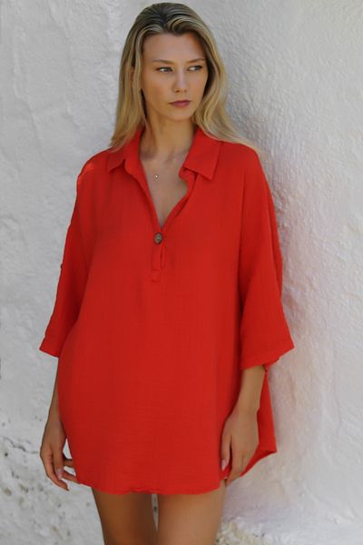 Chiccy Țesătură de muselină roșie - Bluză casual cu guler de cămașă și detaliu cu nasturi