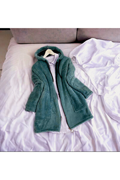 Modaytesettür Peluş Ceket Hırka Uzun Kapşonlu