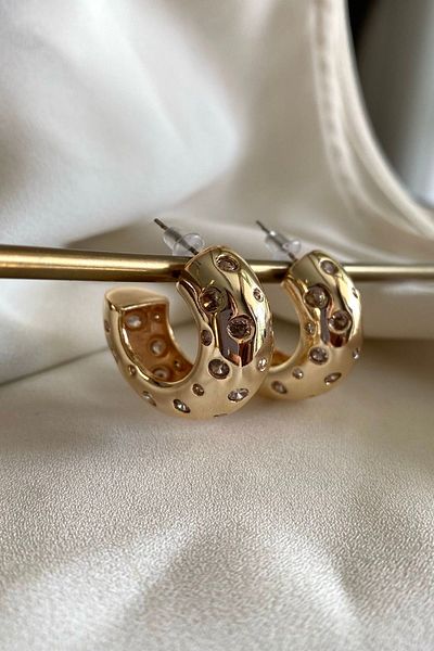 gaila design Chubby Half Hoop Earrings with Stone Detail Gold Color
