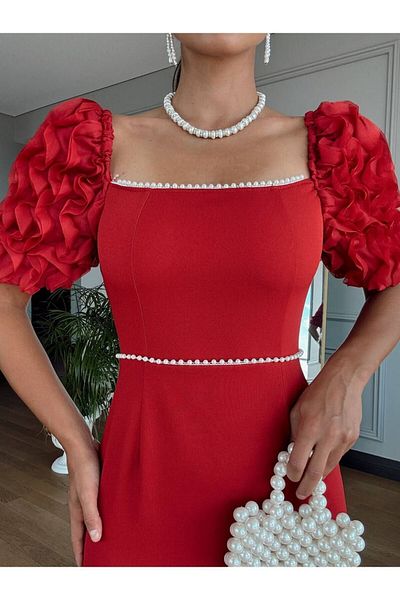 LİBAS Midi Length Red Dress - Ruffle Sleeve