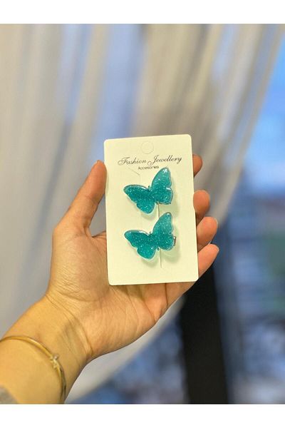 schkırt Butterfly Motif Epoxy Turquoise Color Glitter Children's Clamp Buckle Gift Buckle