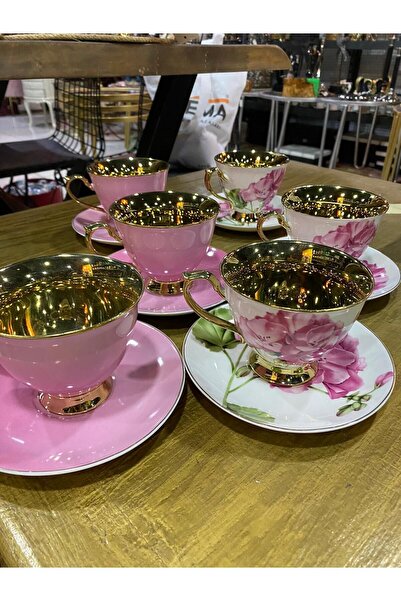 elif aksesuar Yaldızlı Porselen Nescafe Çay Fincan Takımı Pembe