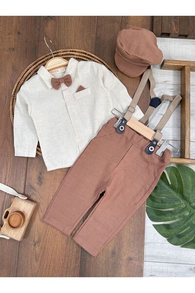 Bolly Baby Linen Baby Boy Set - with Suspender Belt, Hat, Bow Tie, Handkerchief Detail