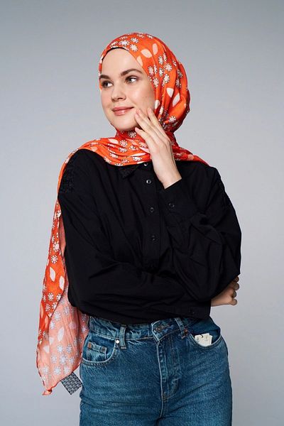 Modakaşmir Orange Drop Flower Patterned Bamboo Shawl