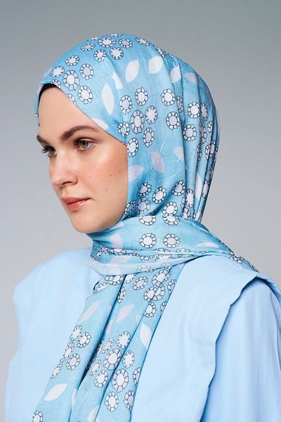 Modakaşmir Light Blue Drop Flower PAtterned BAmboo ShAwl