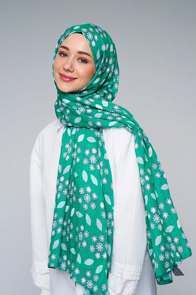 Modakaşmir Green Bamboo Shawl - Drop Flower Pattern