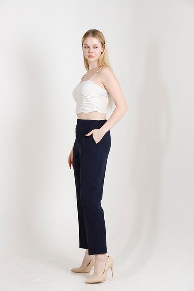 Mogi Butik 3003 Сині жіночі штани з високою талією та кишенями, сезонні, ткані